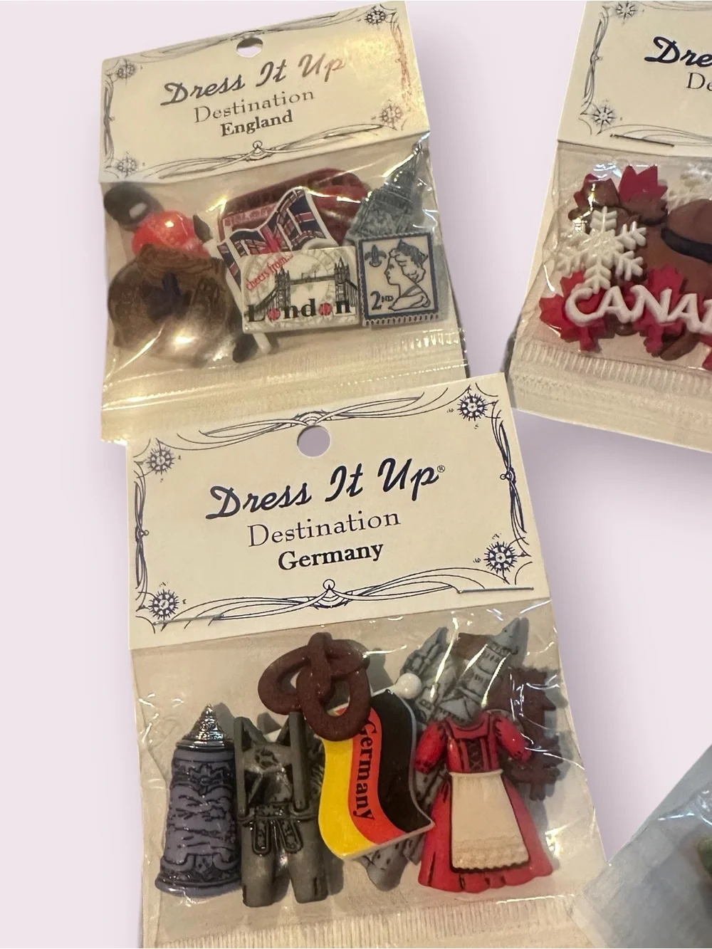 Dress It Up Destination Button Set Of 5- England, Canada, France, Germany Mexico